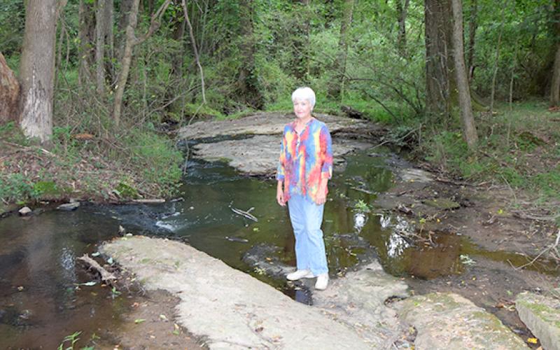 Marie Hendrix stands on one of the rocks in “Papa’s Creek” on property she plans to turn into a “historical and agricultural natural center” on Thomas Road near Lavonia. (Photo by Scoggins)