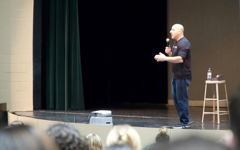 Speaker Kevin Hines told Franklin County High School students and parents Tuesday of his suicide attempt by jumping off the Golden Gate Bridge, how he has learned to deal with mental health issues and gave tips for those facing similar issues. (Photo by Raese)