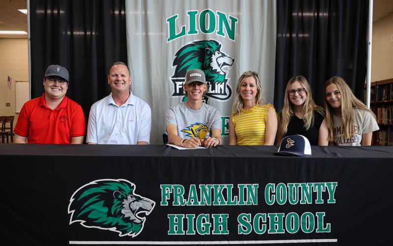 Will Wester (center) signed to continue his fishing career with the Emmanuel College Bass Fishing Team next year. Pictured are (from left) brother-in-law Will Freeman, father Eddie Wester, Will, mother Delina Wester, sister Jade Freeman and girlfriend Rylee Sosebee.