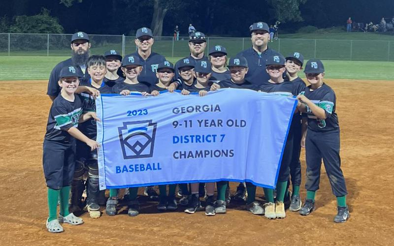 Members of the District 7 Champion 9-11 year old Franklin County Little League All Star team are Drake Campbell, Holden Weir, Chase Dunn, Chase Bailey, Clete Duncan, Bentley Cooper, Price Hall, Micah Price, Deacon Cabe, Jonny Roberts, Ryker Williams and John Stephenson. The team is coached by Manager Justin Duncan and assistant coaches Timothy Bailey, Josh Campbell and Kyle Cooper. (Photo courtesy of Franklin County Little League)