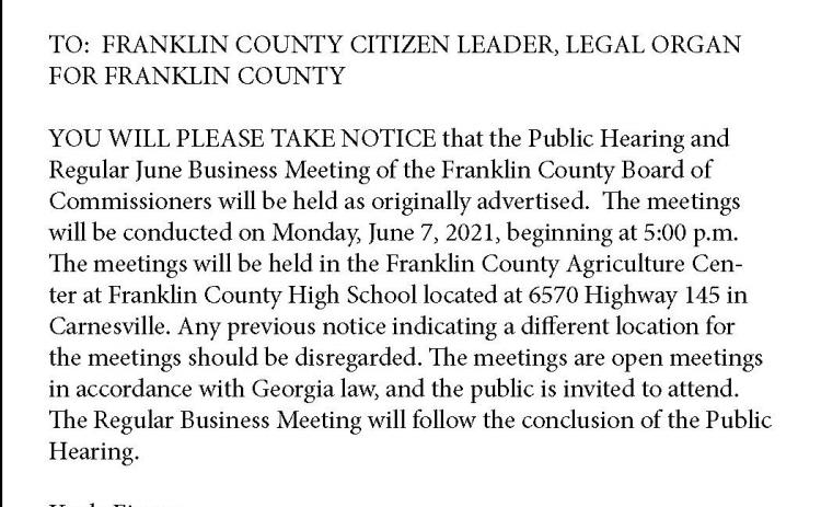 This is the correct advertisement for Monday's meeting at the Franklin County Agriculture Center in Carnesville.