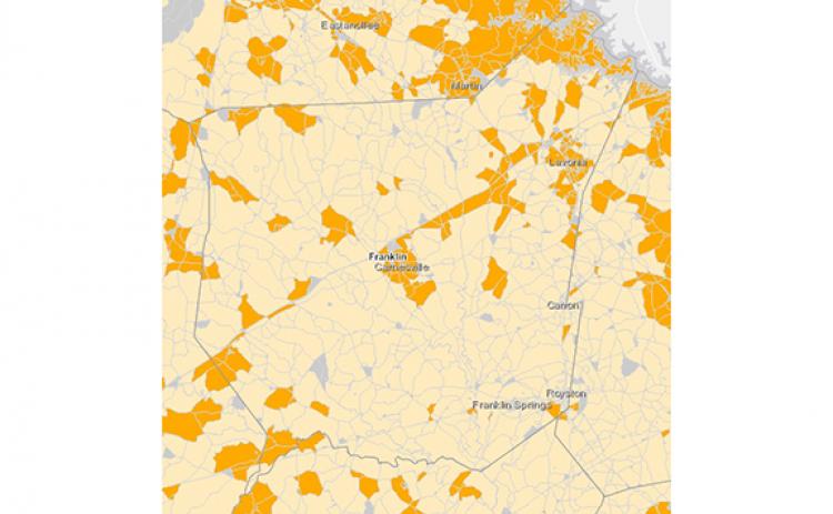 A state map published last year shows areas of Franklin County with (orange) and without (yellow) broadband internet access.