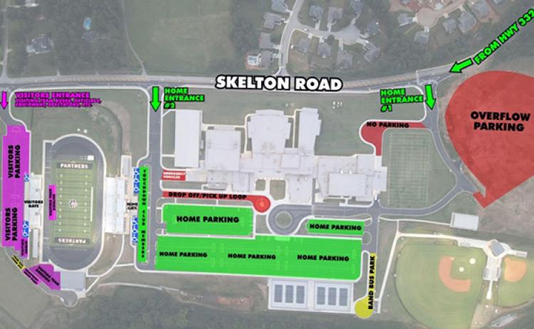 Visitors’ parking at the new Jackson County Comprehensive High School campus will be on the side of the stadium opposite the school. The campus is off of Skelton Road in Hoschton. (Map provided by Jackson County Athletics)