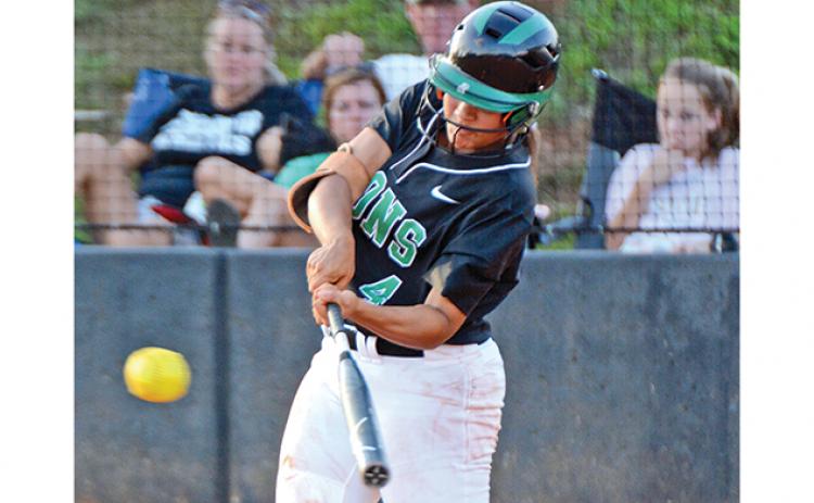 Jayden Gailey smacks one of her two doubles against Stephens County Thursday in Carnesville. (Photo by Scoggins)