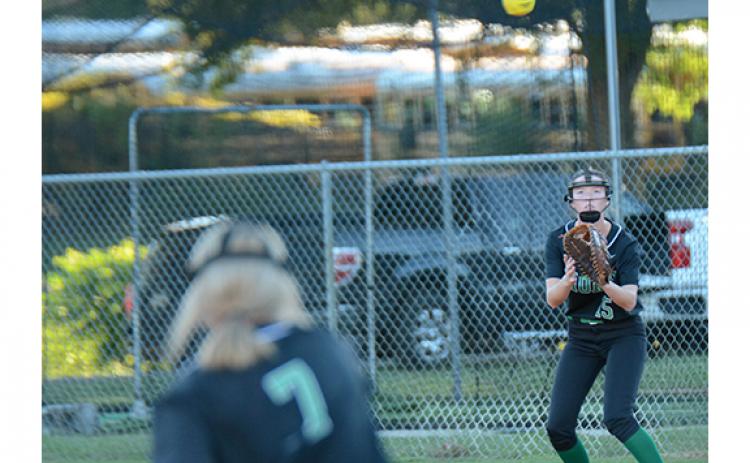 Emily Carson awaits a throw from Journey Roberts for an out against Hart County Thursday in Hartwell. (Photo by Scoggins)