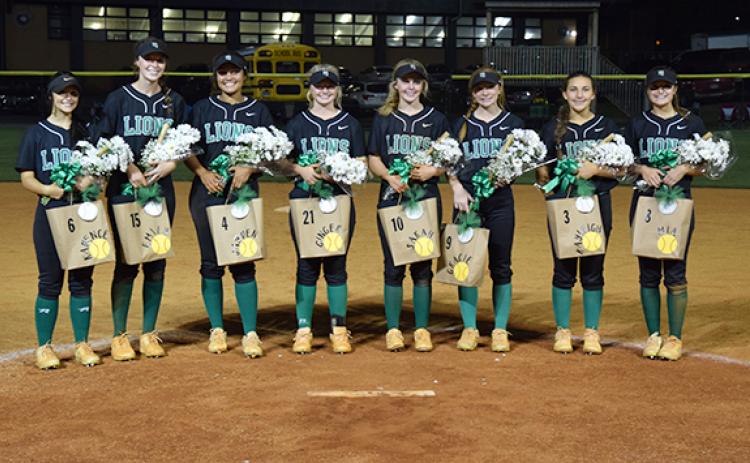 Franklin Fastpitch seniors (from left) Kadence Bell, Emily Carson, Jayden Gailey, Ginger Mitchell, Sarah York, Gracie Hulsey, Kayleigh Chappell and Mia Blackmon were honored last week during Senior Night festivities. (Photo by Scoggins)