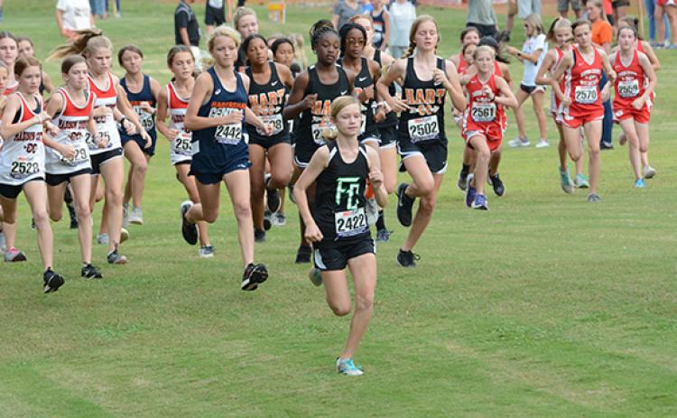 Megan Hightower led the pack in the NEGIAA region cross country championship from the start on her way to a first-place finish Thursday in Hartwell. (Photo by Scoggins)