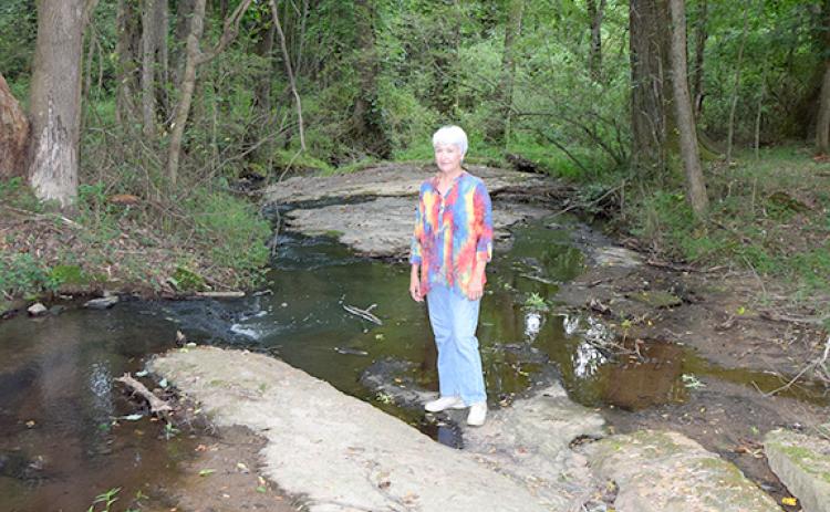 Marie Hendrix stands on one of the rocks in “Papa’s Creek” on property she plans to turn into a “historical and agricultural natural center” on Thomas Road near Lavonia. (Photo by Scoggins)