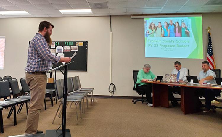 Finance Director Chez Maxwell presents the proposed budget to the Franklin County Board of Education Thursday night. (Photo by Sinclair)