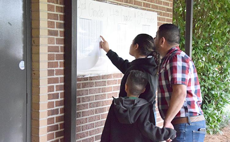 Families could search for class assignments on lists at the entrance of Lavonia Elementary School during last year's open house. This year, all elementary schools will hold their open houses Aug. 2 from 3-6 p.m.
