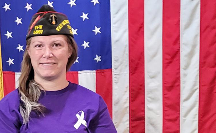 Gabrielle Beutler, pictured in a photo she submitted after being named commander of Lavonia VFW Post 5897 in June, was arrested this week on charges of falsely representing herself as a veteran.
