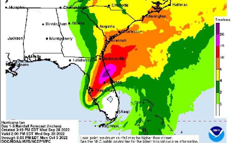 The National Oceanic and Atmospheric Administration predicts rain amounts of 2-4 inches locally as a result of Hurricane Ian.