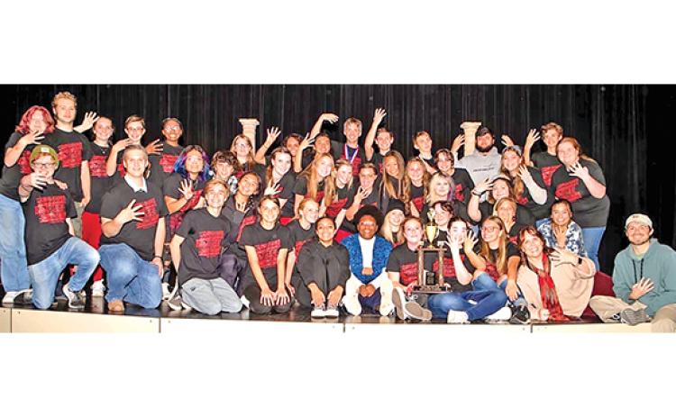The cast and crew of the Franklin County High School One Act Play production of “Sweeney Todd, School Edition” celebrate their fourth consecutive Region 8AAA championship Saturday in the Telford Center for the Fine and Performing Arts. (Photo courtesy of Blake Rackley)