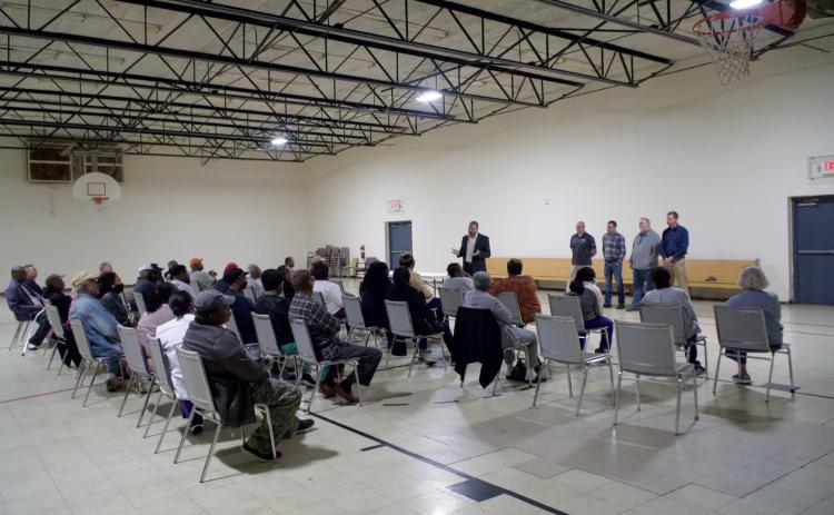 Mayor Courtney Umbehant and Lavonia City Council members Michael Schulman, Jeremy Madden, Eddie Floyd and Andrew Murphy led a town-hall forum last week at the Spring Street Gym about code enforcement and the future of the Spring Street Park. (Photo by Raese)