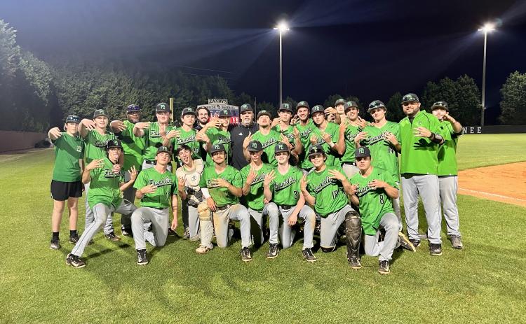 The Franklin County Lions baseball team secured their third-straight Region 8AAA championship with a sweep of Oconee County last week in Watkinsville. The Lions will host a state playoff series Monday. For complete details, see Page 9. (Photo courtesy of Christy Dodd)