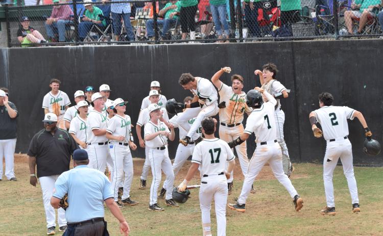 The Franklin County Lions celebrate after Garrett Garner (No. 1) hit a walkoff home run to end the first game of a two-game sweep of Adairsville Satuday in Carnesville. (Photo by Scoggins)