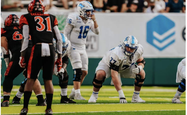 Keylan Rutledge (No. 77) has been named a permanent captain for 2023 for the Middle Tennessee State Blue Raiders. (Photo courtesy of Matt Posey of MTSU Athletic Communications)