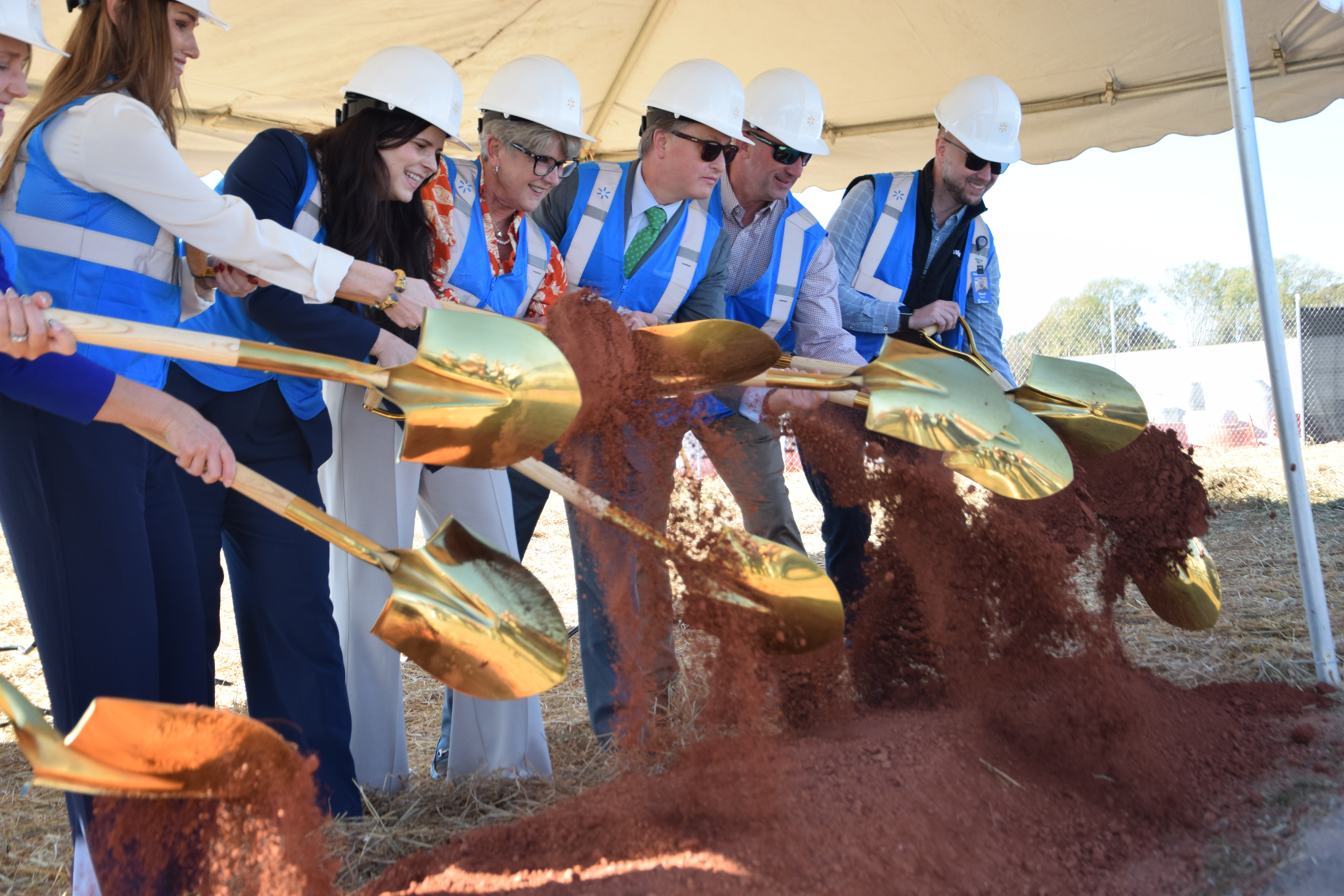 Among those taking part in a groundbreaking for the new Walmart fulfillment center off of Exit 160 on I-85 are (from left) former Franklin County Industrial Building Authority (IBA) President Tonya Powers, Georgia Department of Economic Development Assistant Director of Statewide Projects Elizabeth McLean, Carnesville Mayor Missy Holbrook, Georgia Department of Economic Development Commissioner Pat Wilson, IBA Chairman Lee Moore and Walmart Vice President of NextGen Fulfillment Operations Barat Smith. (Phot