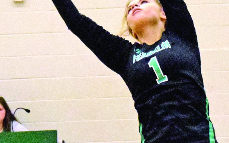 Maci McFarlin sets a ball during action Tuesday against Monroe Area at Rocky Ford Park Gym in Carnesville. (Photo by Scoggins)
