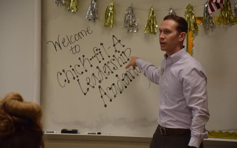 Will Lowe, operator of the Lavonia Chick-Fil-A, speaks with students who are part of Franklin County High School’s first Chick-Fil-A Leadership Academy. Students in the academy will meet regularly to talk about leadership and do service projects in the community. (Photo by Scoggins)