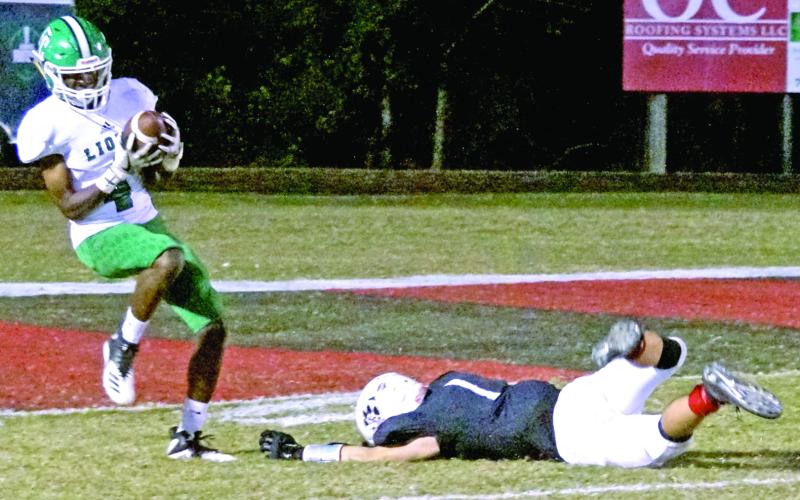 Lion Josh Beasley hauls in a tipped pass for a touchdown Friday night against Jackson County. (Photo by Manus)