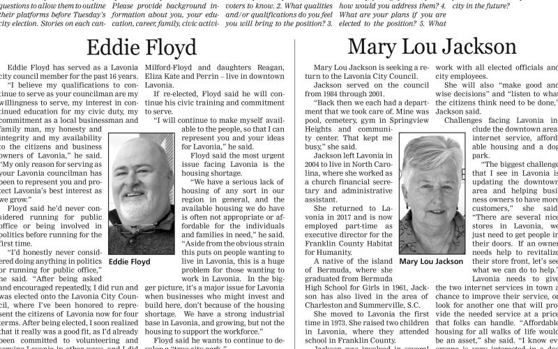Incumbent Eddie Floyd and former council member Mary Lou Jackson are running for the Post 3 seat on the Lavonia City Council.