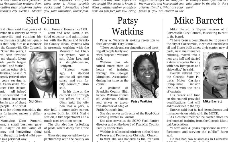 Two incumbents and a former council member are competing for two seats on the Carnesville City Council in Tuesday's election.