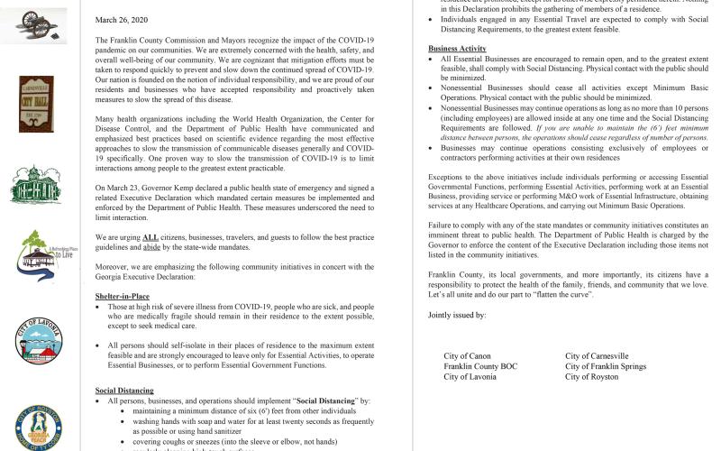 The Franklin County Board of Commissioners and the cities of Royston, Lavonia, Canon, Carnesville and Franklin Springs issued their second joint press release of the week Thursday to urge citizens to comply with state mandates to stop the spread of the coronavirus.