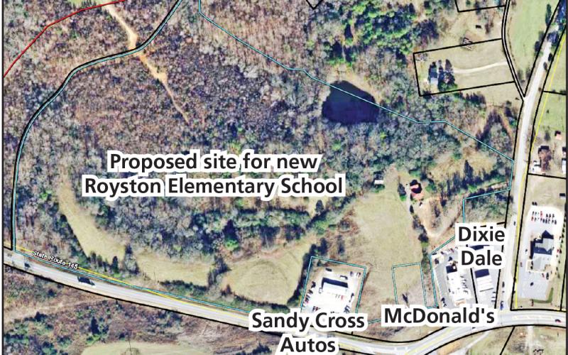 Three members of the Franklin County Board of Education spoke in favor Tuesday to ask School Superintendent Chris Forrer to pursue an option on property in Franklin Springs (outlined in blue) as the location for a new Royston Elementary School.