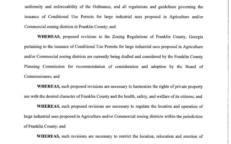 RESOLUTION BY THE FRANKLIN COUNTY BOARD OF COMMISSIONERS FOR A MORATORIUM BARRING THE ACCEPTANCE OF APPLICATIONS FOR CONDITIONAL USE PERMITS FOR LARGE INDUSTRIAL USES PURSUANT TO THE ZONING REGULATIONS OF FRANKLIN COUNTY, GEORGIA 