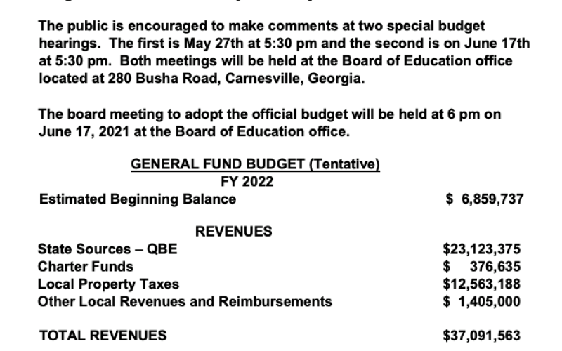 The Franklin County Board of Education will hold the first of two public hearings on its fiscal year 2022 budget May 27 at 5:30 p.m. at the Board of Education office at 280 Busha Road in Carnesville.