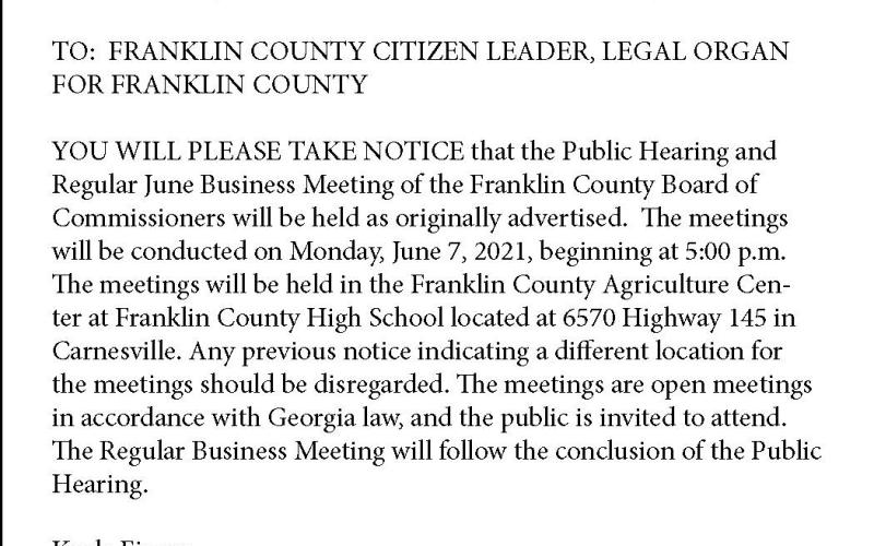 This is the correct advertisement for Monday's meeting at the Franklin County Agriculture Center in Carnesville.