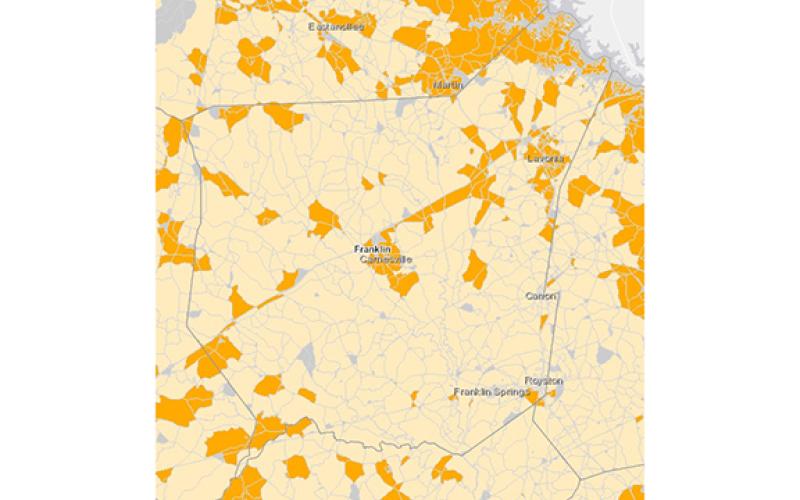 A state map published last year shows areas of Franklin County with (orange) and without (yellow) broadband internet access.