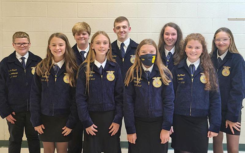 The 2020-2021 FCMS FFA Officer Team had to be quite creative during the last school year to remain active and relevant for members when travel was limited and safety was top priority, but these FFA officers found success and have been named a 2021 Middle School Model of Excellence program at the national level. LtoR Mason Ruark, Kami Jackson, Ben Roper, Scarlett Killen, Jake Parham, Rylie Sanders, Hallie Ferguson, Darby Roach and Bella Moon.