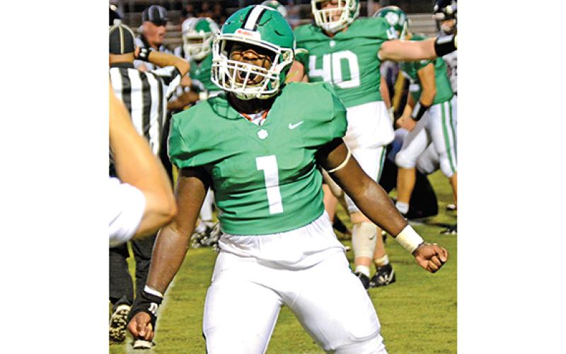 Franklin County linebacker Micah Blackwell (No. 1) celebrates after a Lumpkin County turnover during Friday’s game in Ed Bryant Stadium. (Photo by Scoggins)