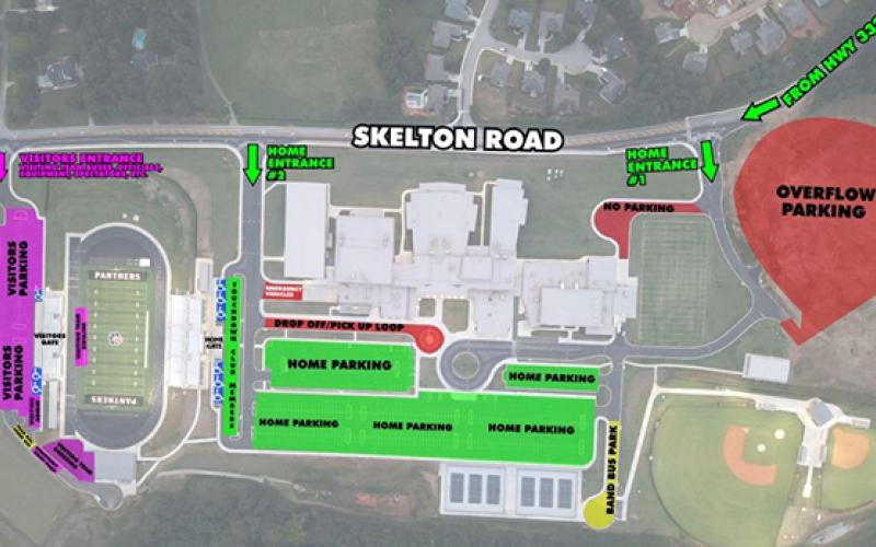 Visitors’ parking at the new Jackson County Comprehensive High School campus will be on the side of the stadium opposite the school. The campus is off of Skelton Road in Hoschton. (Map provided by Jackson County Athletics)
