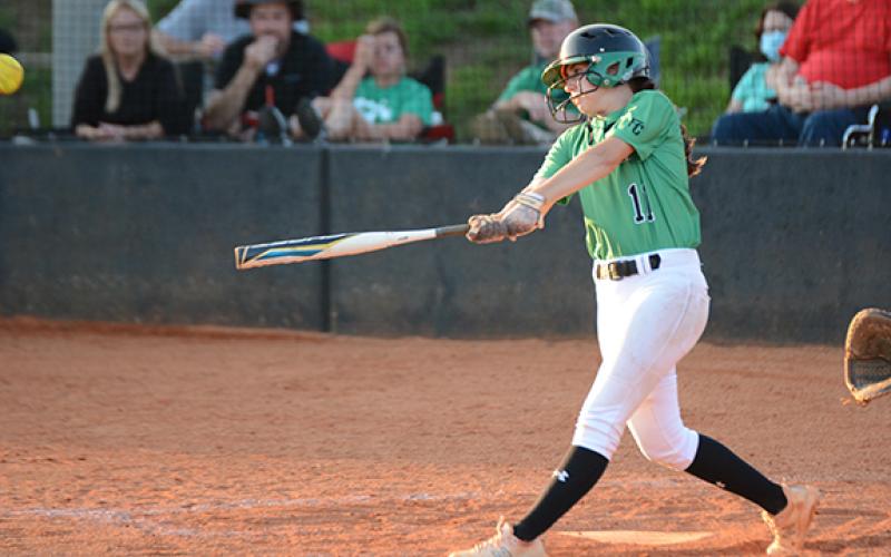 McCall Davis smashes a double during action last week against region rival Hart County in Carnesville. (Photo by Scoggins)