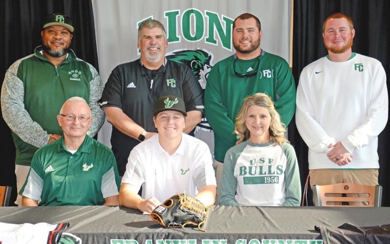 Lawson Gailey signed last week to play baseball for South Florida. Pictured at his signing ceremony are (front, from left) dad Russell Gailey, Lawson, mom Penny (back) Franklin County High School baseball coaching staff Demond Rivers, Head Coach David Skelly, Ryan Phillips and Michael Ritcey.
