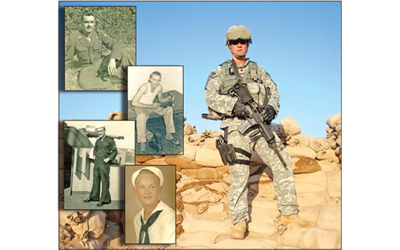 Lavonia’s Jonathan Merck (right) served in Iraq with the U.S. Army and is still in the Army Reserves. His family has a long history of military service dating to the American Revolution and including grandfathers Jim Sapp and Milton Merck and great-great uncles Joseph Gunnells and Clarence Payne (all pictured at left).