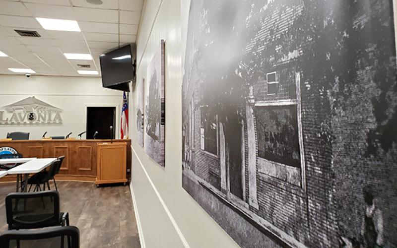 Images of Lavonia’s past fill the walls of the city’s meeting room as the last step of planned renovations to the room. (Photo by Sinclair)