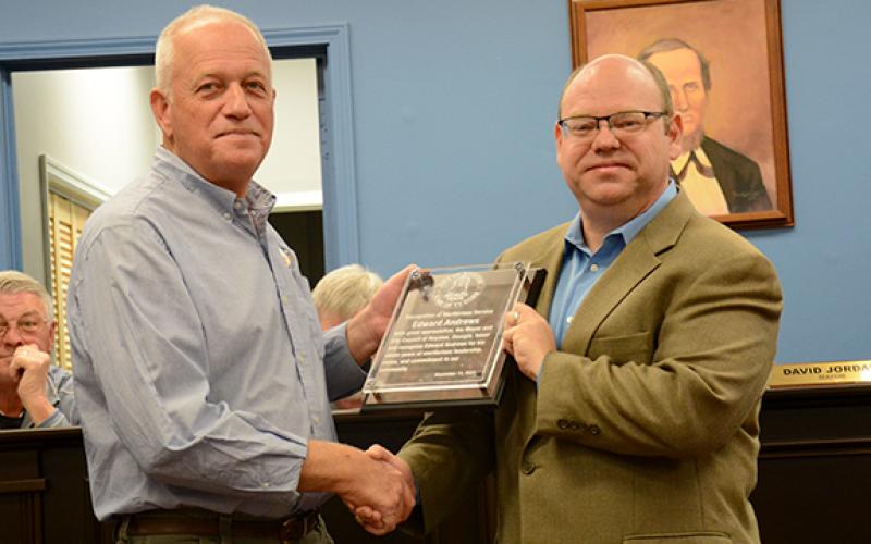 City Manager Ed Andrews was honored by the City of Royston on his pending retirement Dec. 31. (Photo by Scoggins)