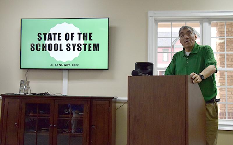 Superintendent Chris Forrer presents the Franklin County Schools Annual Report for the Franklin County Chamber of Commerce Friday. (Photo by Sinclair)