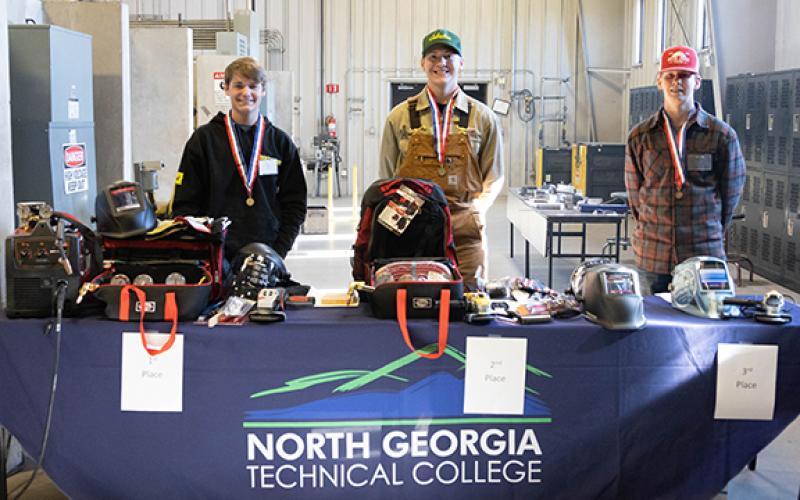 SkillsUSA Region Winners are (from left) First place winner Brant Roberts from Franklin County High School, second place winner Jay Grice from White County High School and third place winner Garrett Pless from Stephens County High School.
