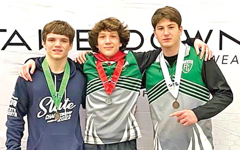 (From left) Jacob Baughcum, Kenly Eavenson and Wilder Davis each finished in the top four of their respective weight classes at the GHSA State Championships.