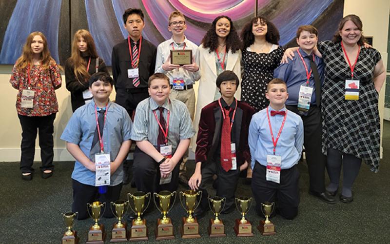 FCMS TSA members winning at state conference were (front, from left) Lisandro Escanuela, Noah Roberson, Johnny Nguyen, Allen Tollison, (back) Grace Poole, Autumn Mealor, Daniel Tran, Taylor Haley, Ella  Maisonneuve, Emma  Maisonneuve, Rob Tate and Advisor Heather Elo.