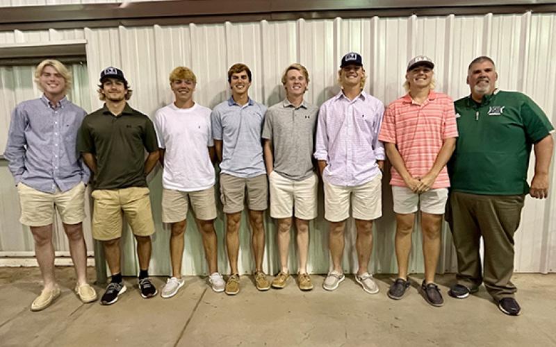 All-Region 8AAA honors went to Franklin County baseball Lions (from left) Chandler Coulter, Dee Oliver, A.J. Peeples, Ty Peeples, Miles Dodd, Kayne Jinks and Lawson Gailey. They are pictured with Coach David Skelly. (Photo courtesy of Christy Dodd)