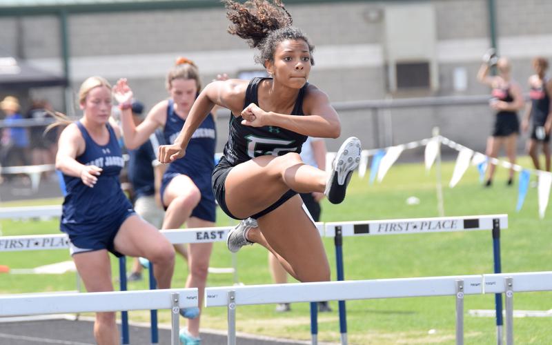 Region 8AAA 100 meter hurdle champion Alexus Knox will lead a contingent of 23 Franklin County track athletes into the state sectional meet Saturday at East Jackson. (Photo by Scoggins)