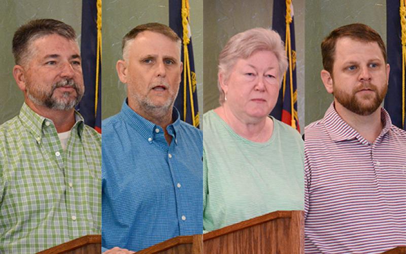 Candidates for the Franklin County Board of Education spoke Saturday at a forum sponsored by the Republican Party. (From left) Alan Mitchell and Greg Cary are running for the Post 4 seat while Robin Cato and Matt Brannon are running for Post 5.