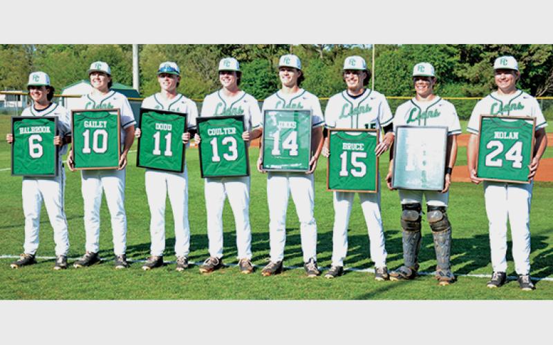 Franklin County baseball seniors (from left) Bryson Halbrook, Lawson Gailey, Miles Dodd, Chandler Coulter, Kayne Jinks, Landon Bruce, A.J. Peeples and Connor Nolan led the Lions to a 27-8 season, a Region 8AAA championship and a spot in the state quarterfinals this season.