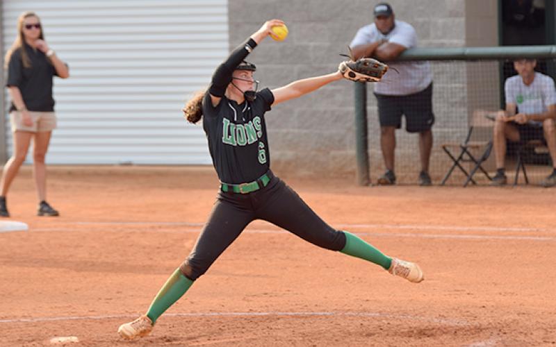 McCall Davis delivers a pitch Monday against Banks County in Carnesville.